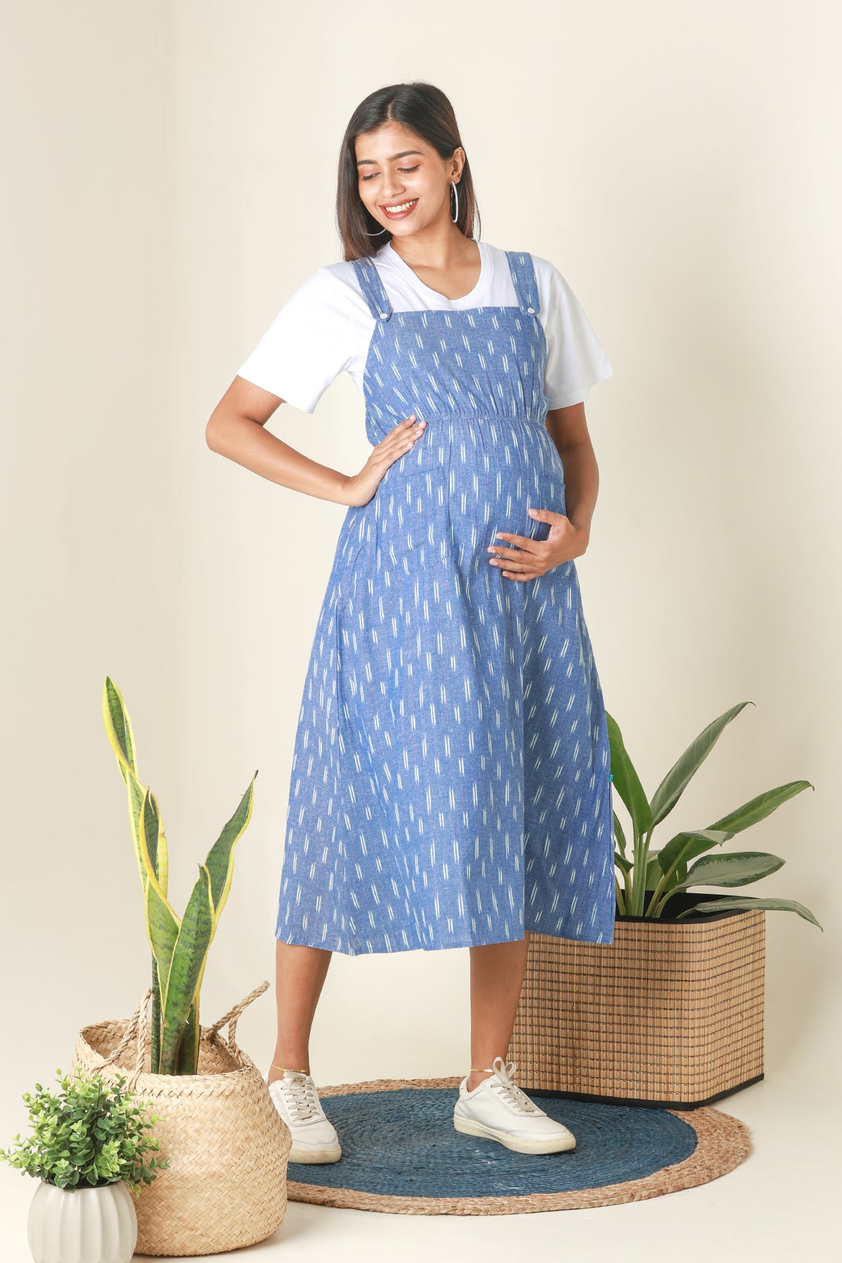 Ikkat Dungaree Maternity Dress with T Shirt Blue
