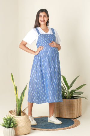 Ikkat Dungaree Maternity Dress with T Shirt Blue
