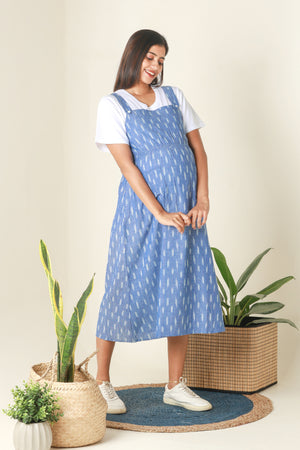 Ikkat Dungaree Maternity Dress with T Shirt Blue
