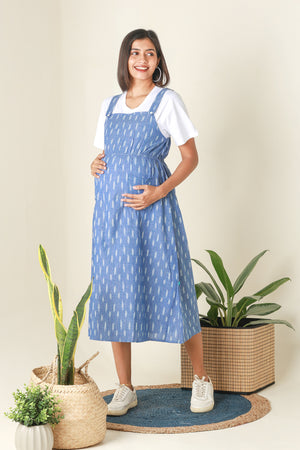 Ikkat Dungaree Maternity Dress with T Shirt Blue
