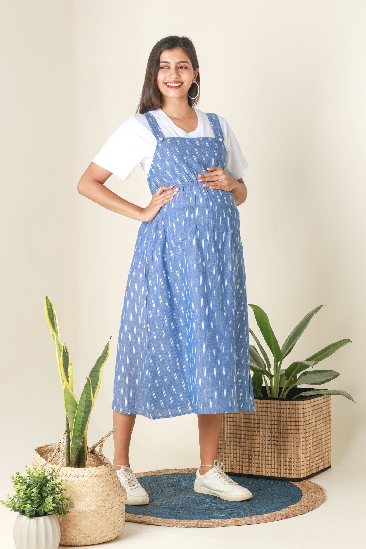 Ikkat Dungaree Maternity Dress with T Shirt Blue