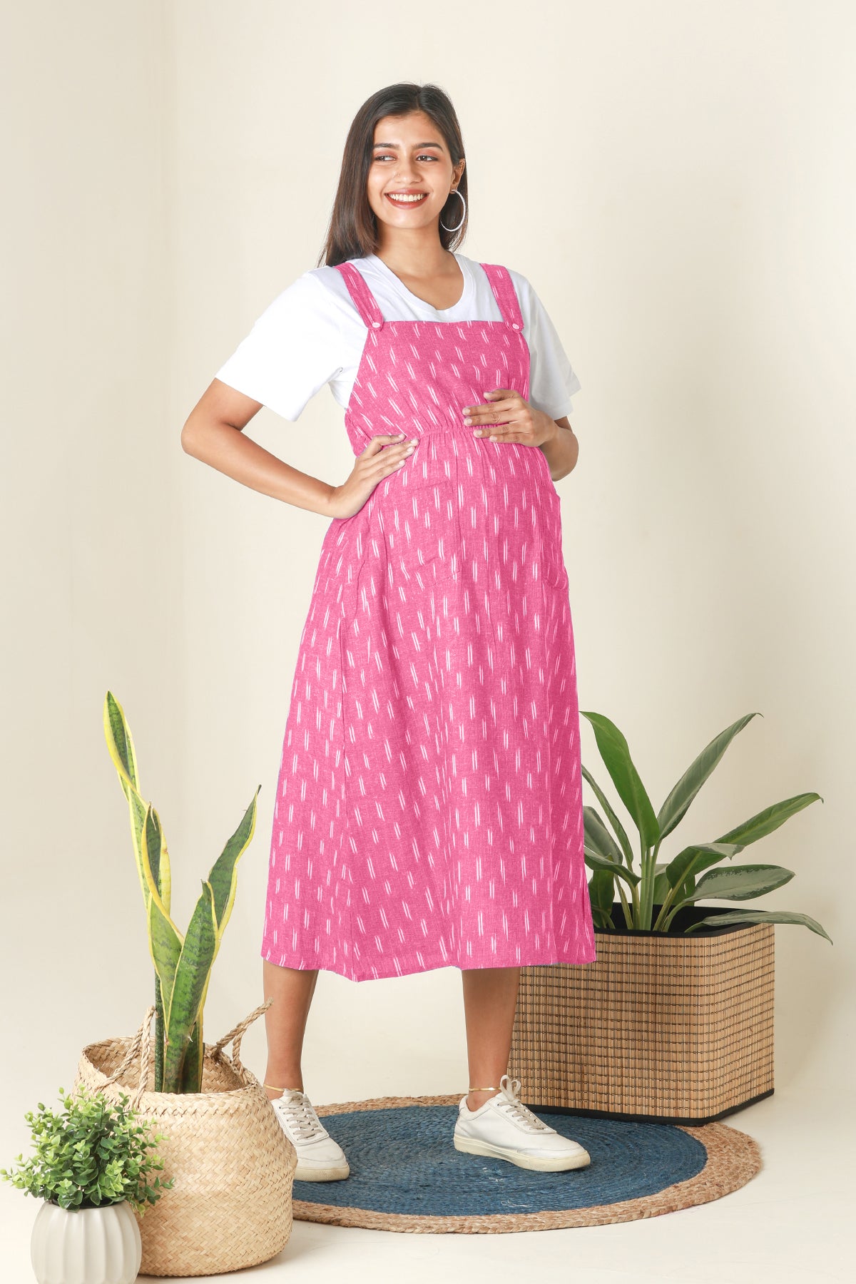 Ikkat Dungaree Maternity Dress with T Shirt Pink
