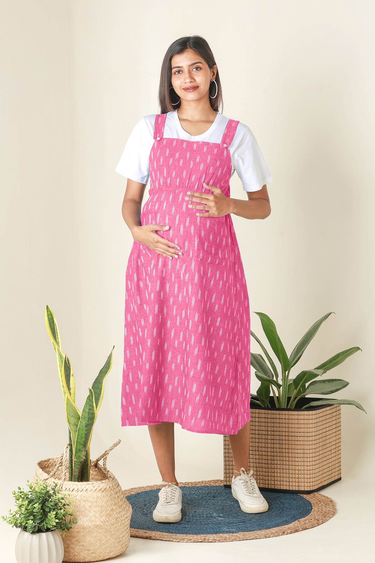 Ikkat Dungaree Maternity Dress with T Shirt Pink