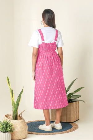 Ikkat Dungaree Maternity Dress with T Shirt Pink