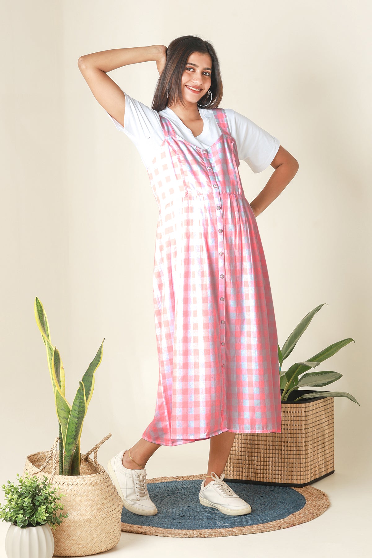 Plaid Dungaree Dress with T Shirt Pink