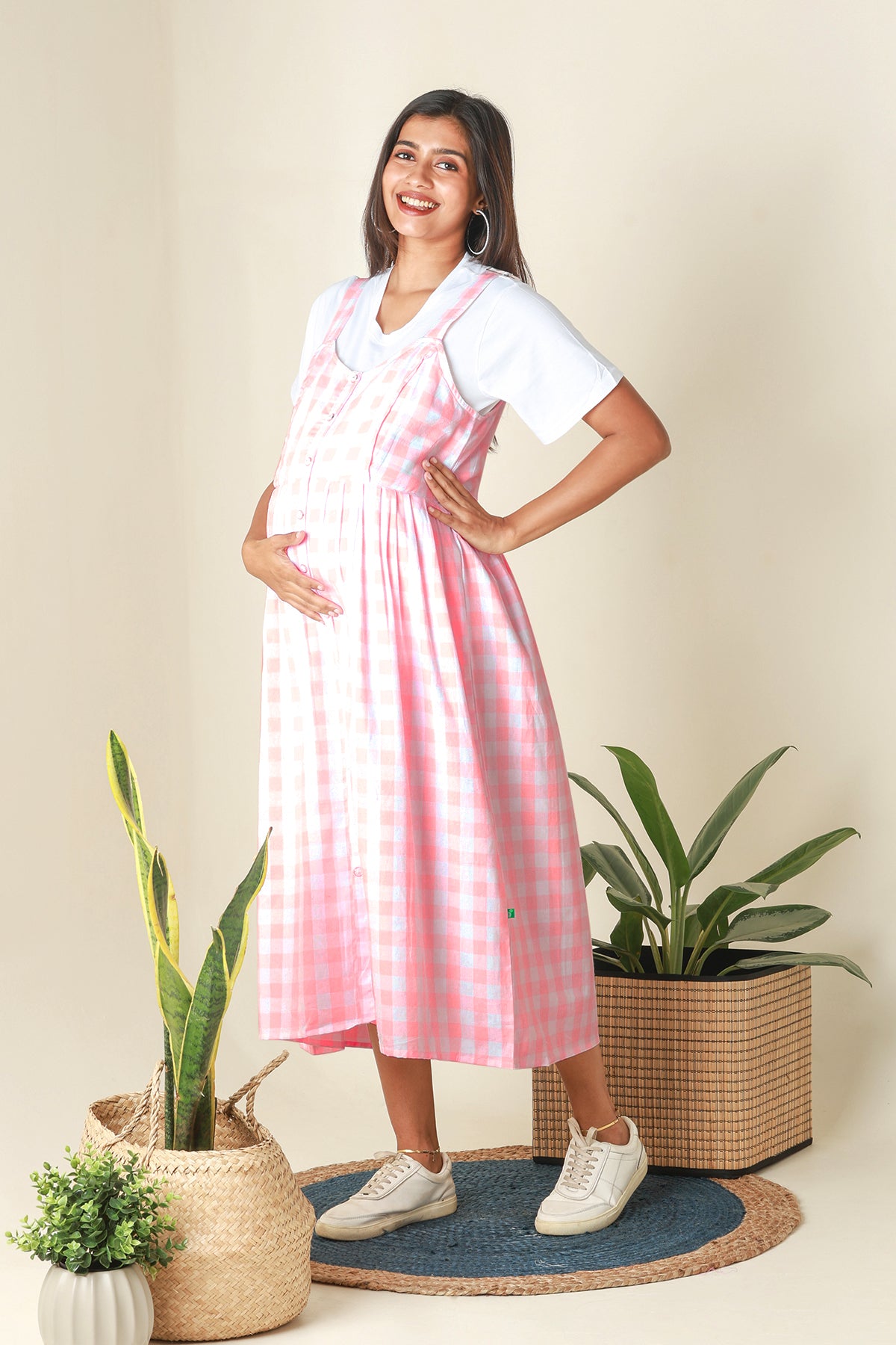 Plaid Dungaree Dress with T Shirt Pink