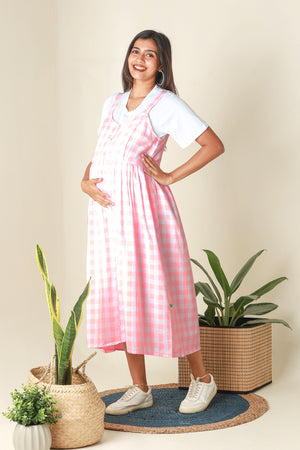 Plaid Dungaree Dress with T Shirt Pink