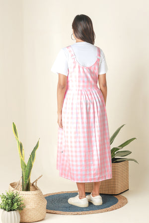 Plaid Dungaree Dress with T Shirt Pink