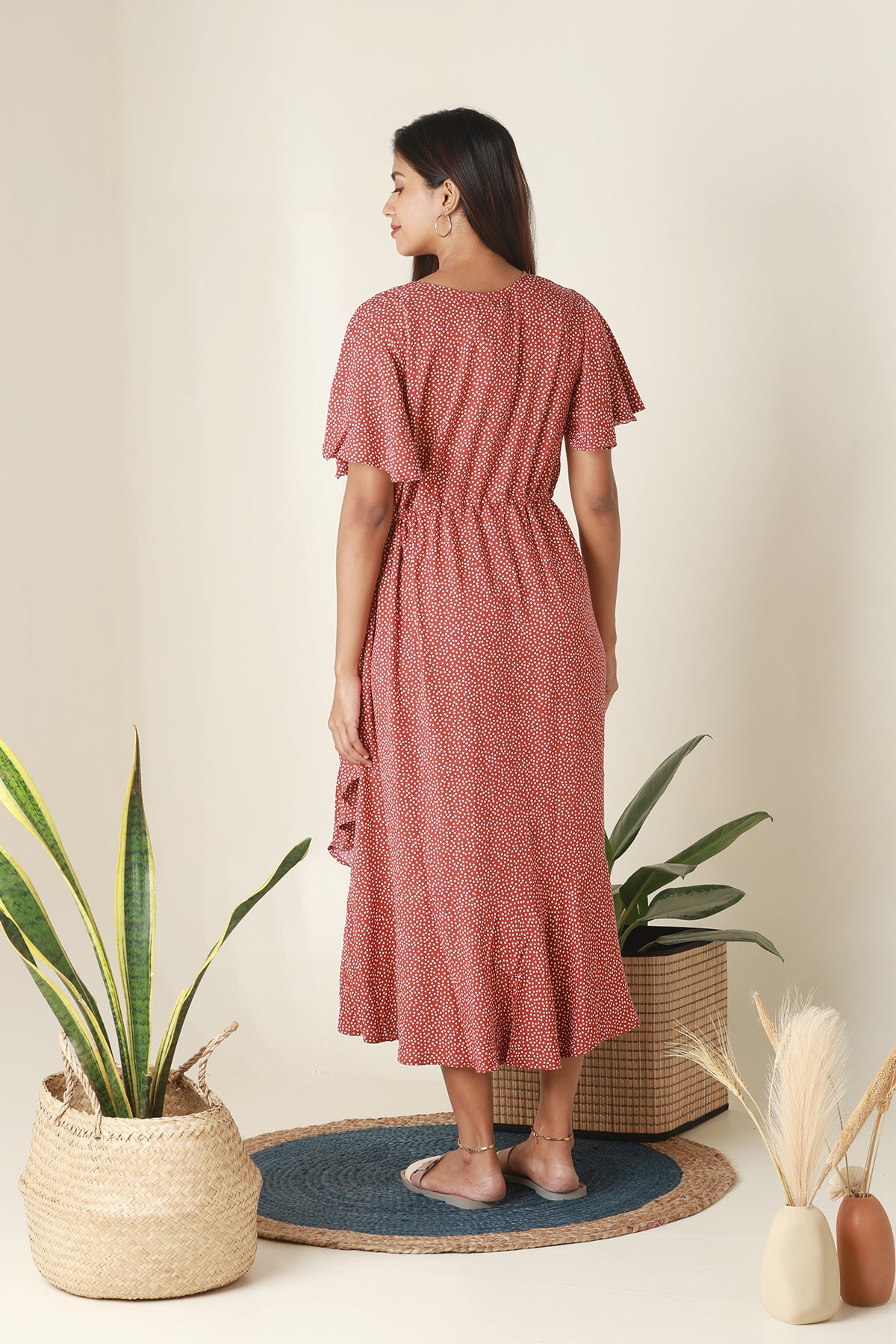 Asymmetrical Polka Dots Printed Maternity Kurta Rust
