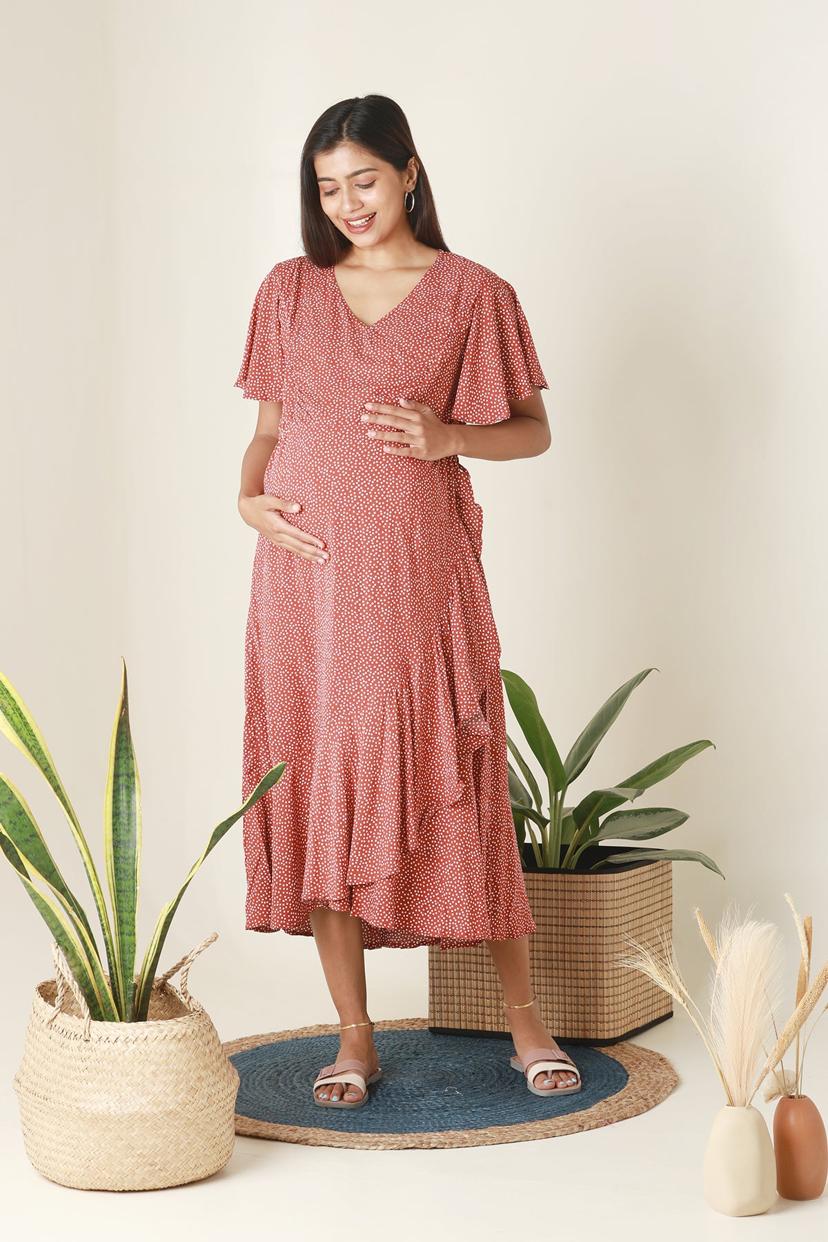 Asymmetrical Polka Dots Printed Maternity Kurta Rust