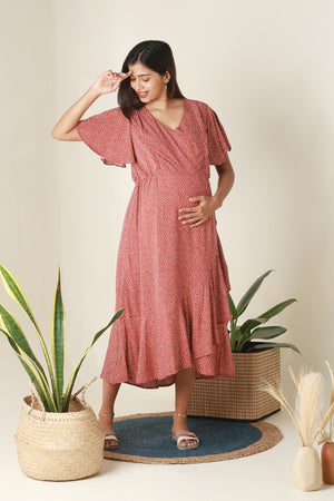 Asymmetrical Polka Dots Printed Maternity Kurta Rust
