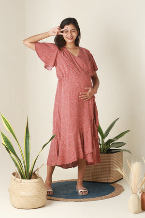 Asymmetrical Polka Dots Printed Maternity Kurta Rust
