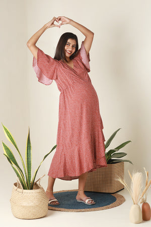 Asymmetrical Polka Dots Printed Maternity Kurta Rust
