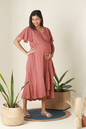 Asymmetrical Polka Dots Printed Maternity Kurta Rust
