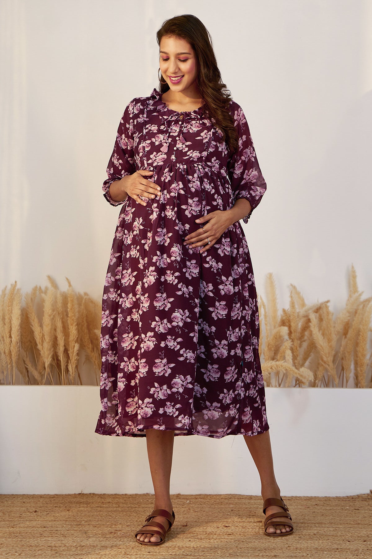 Autumnal Floral Printed Maternity Dress with Neck Tie-up - Brown
