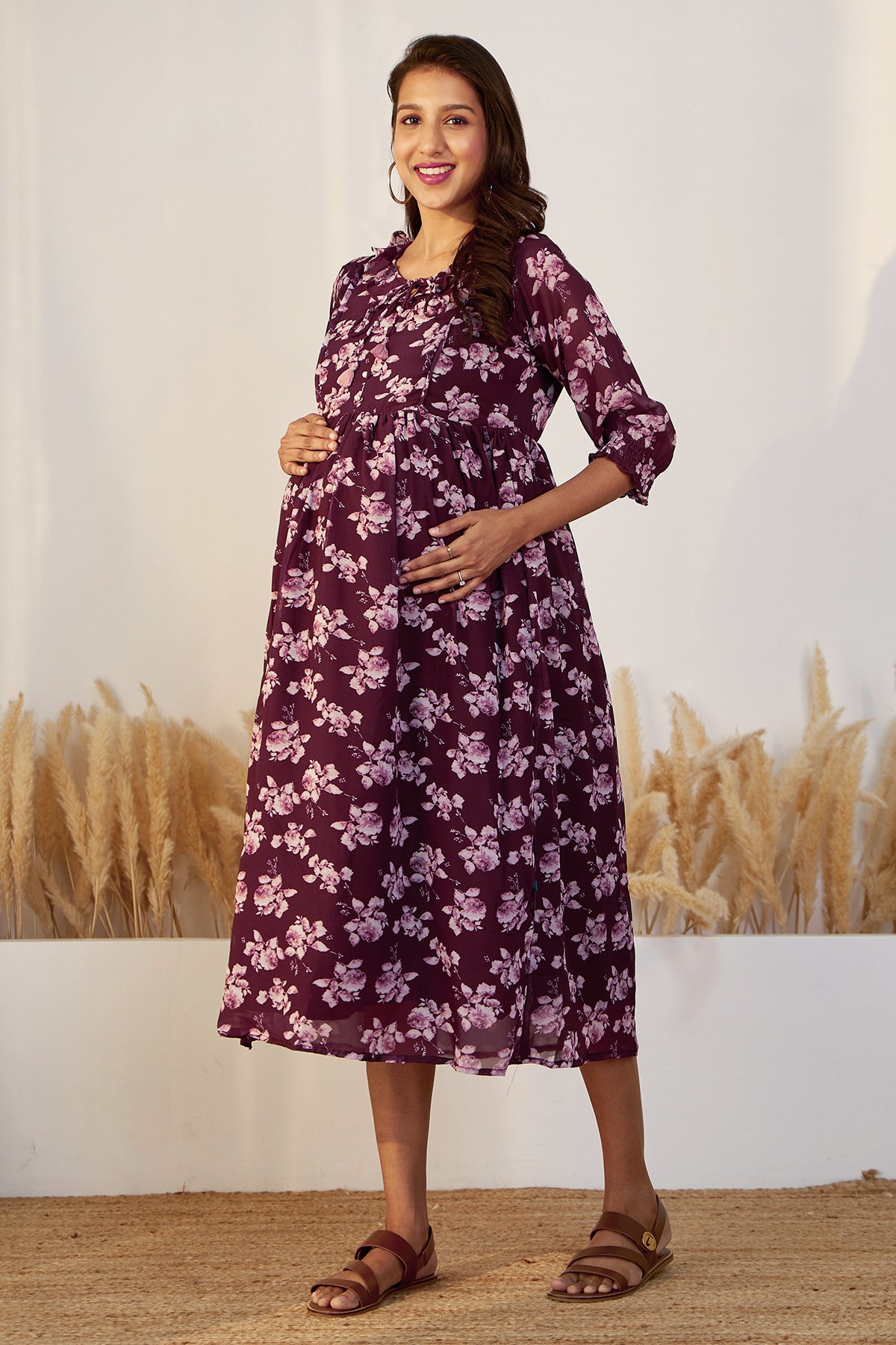 Autumnal Floral Printed Maternity Dress with Neck Tie-up - Brown
