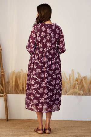 Autumnal Floral Printed Maternity Dress with Neck Tie-up - Brown
