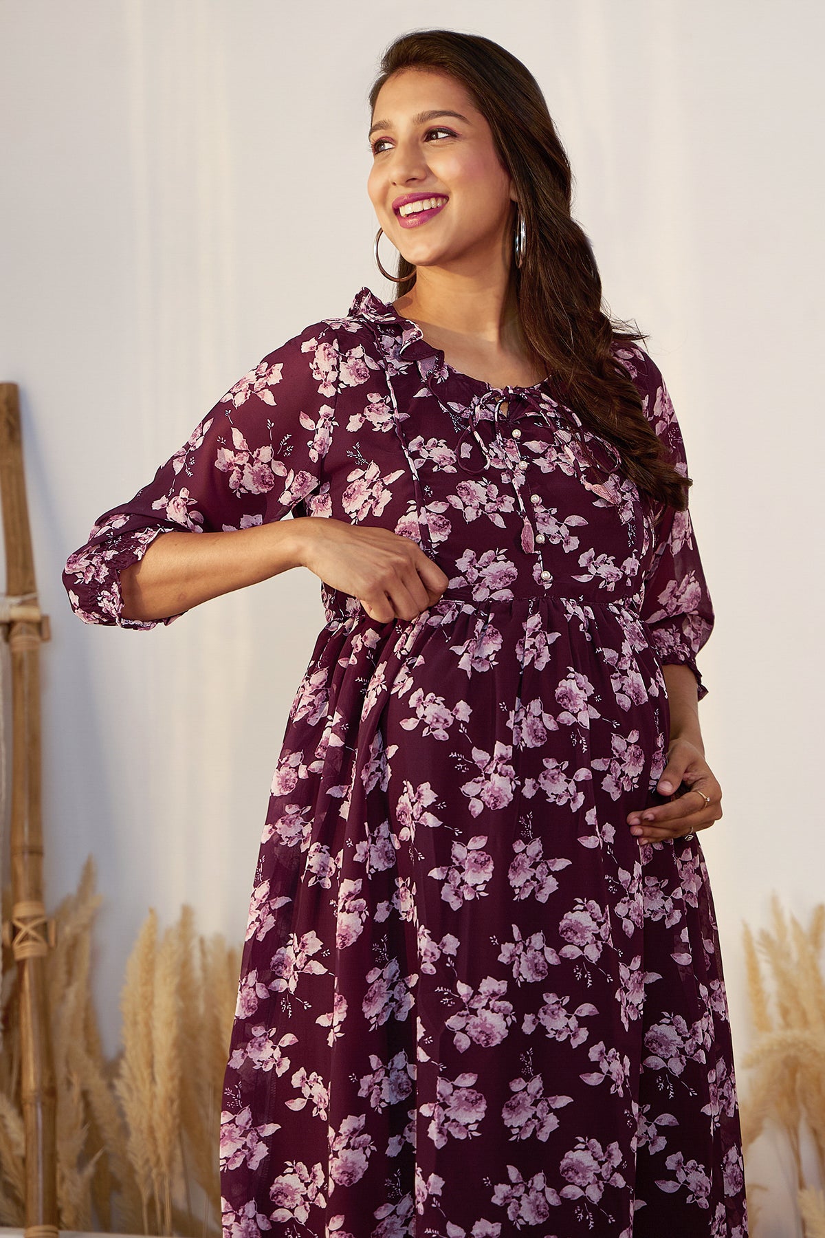 Autumnal Floral Printed Maternity Dress with Neck Tie-up - Brown
