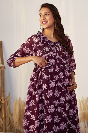 Autumnal Floral Printed Maternity Dress with Neck Tie-up - Brown
