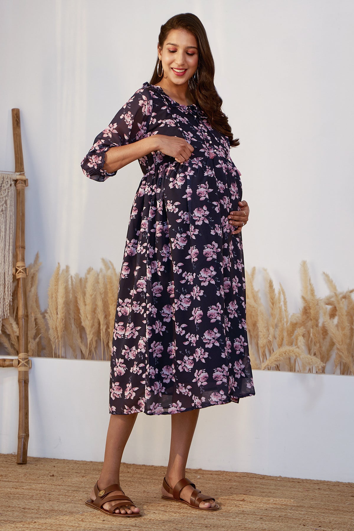 Autumnal Floral Printed Maternity Dress with Neck Tie-up - Navy Blue
