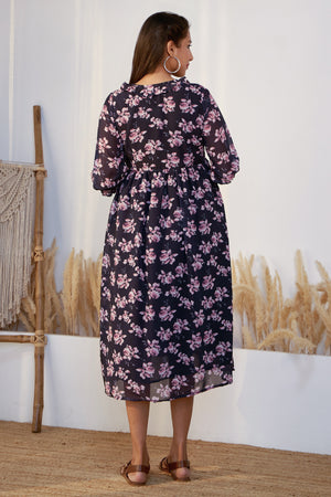 Autumnal Floral Printed Maternity Dress with Neck Tie-up - Navy Blue
