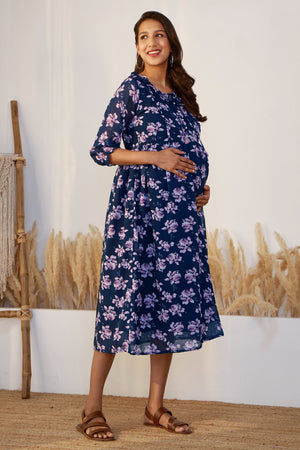 Autumnal Floral Printed Maternity Dress with Neck Tie-up - Navy Blue