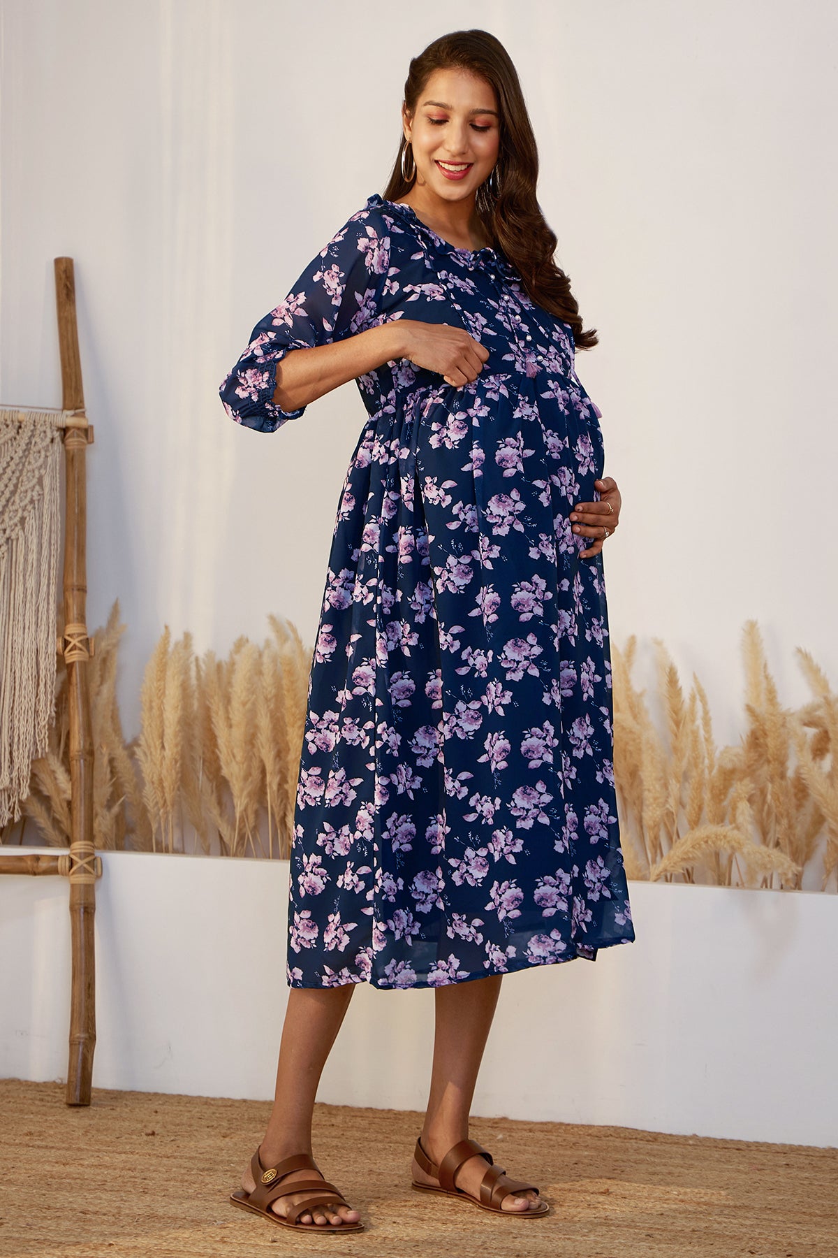 Autumnal Floral Printed Maternity Dress with Neck Tie-up - Navy Blue