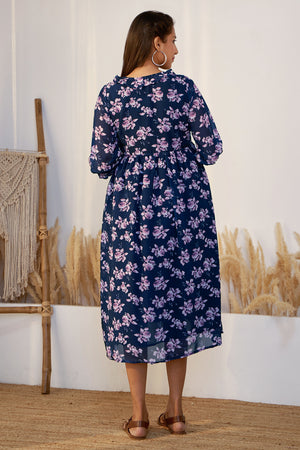 Autumnal Floral Printed Maternity Dress with Neck Tie-up - Navy Blue