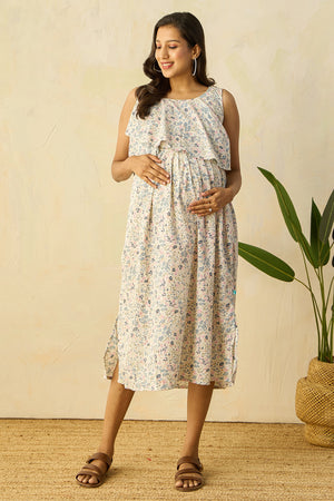 Ruffled Yoke with Ditsy Floral Printed Maternity Dress - Blue
