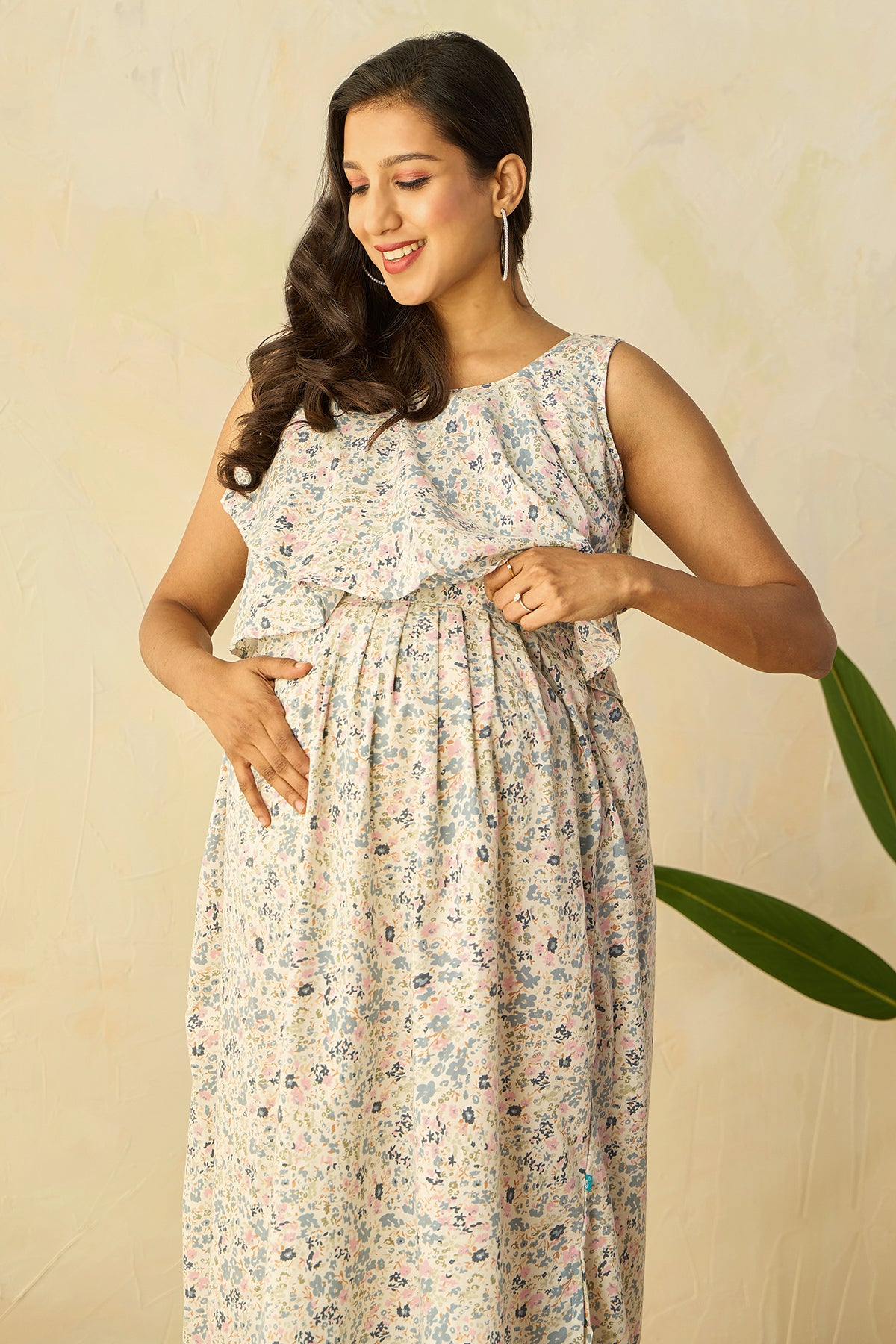 Ruffled Yoke with Ditsy Floral Printed Maternity Dress - Blue
