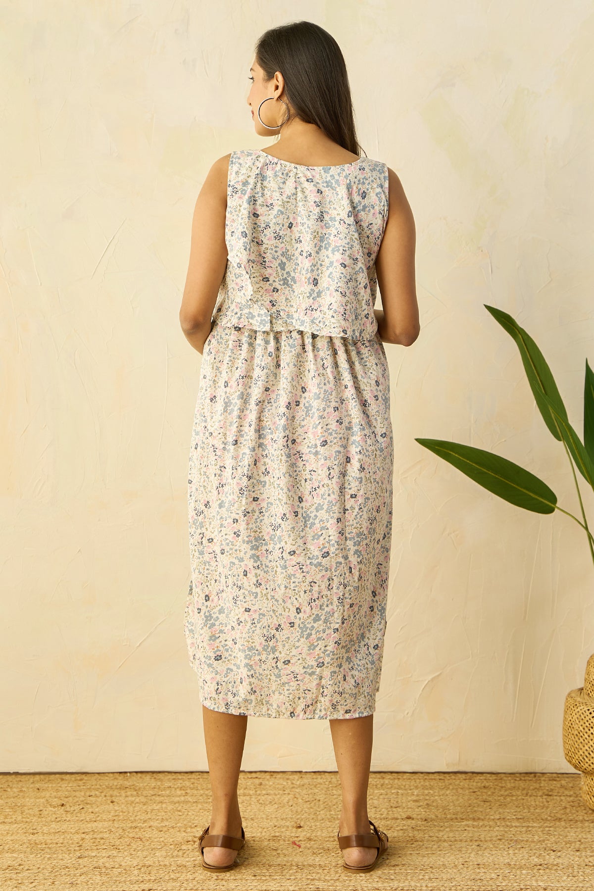 Ruffled Yoke with Ditsy Floral Printed Maternity Dress - Blue
