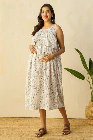 Ruffled Yoke with Ditsy Floral Printed Maternity Dress - Blue