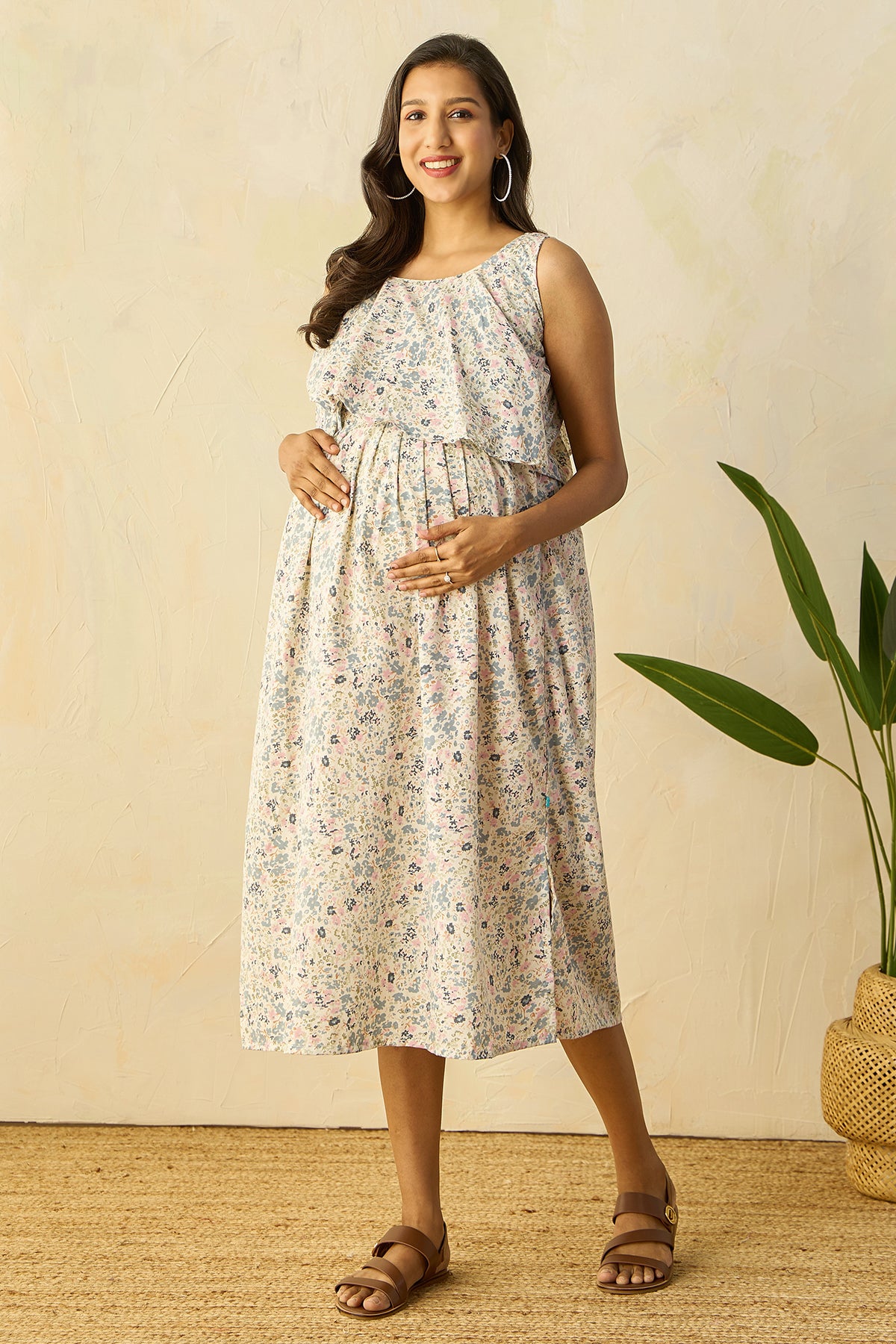 Ruffled Yoke with Ditsy Floral Printed Maternity Dress - Blue