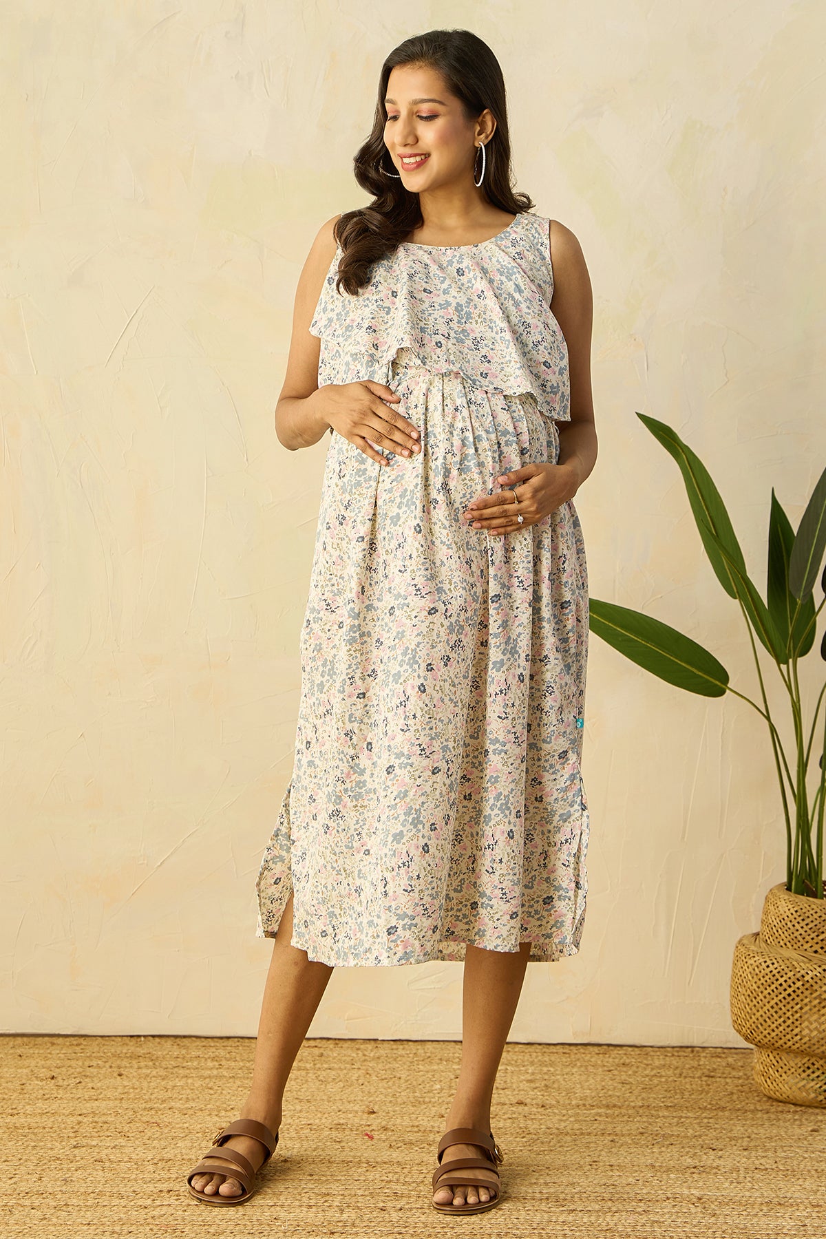 Ruffled Yoke with Ditsy Floral Printed Maternity Dress - Blue