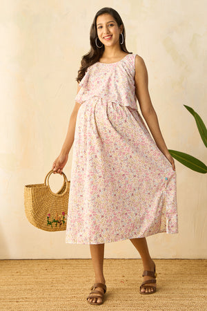 Ruffled Yoke with Ditsy Floral Printed Maternity Dress - Pink
