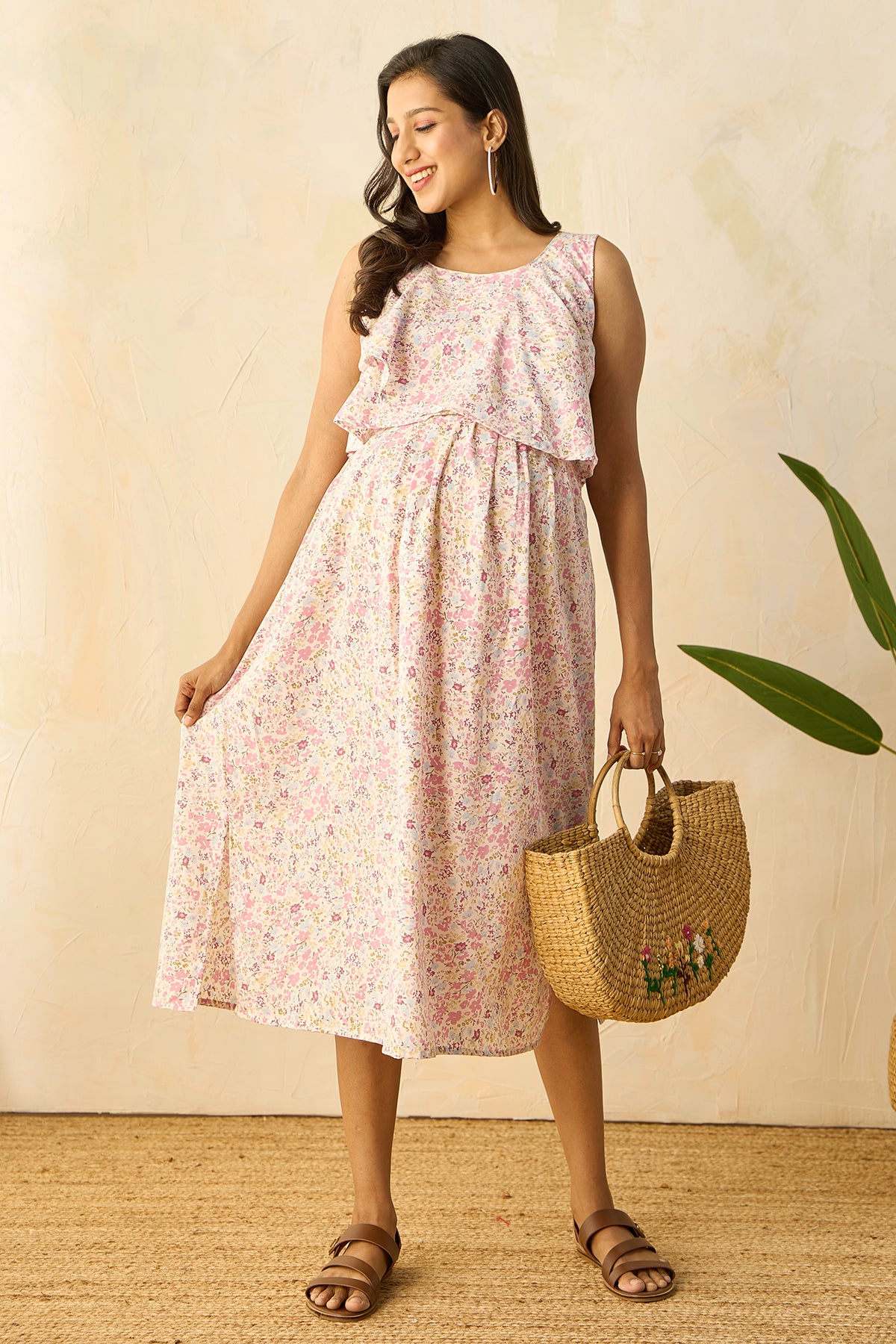 Ruffled Yoke with Ditsy Floral Printed Maternity Dress - Pink
