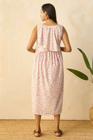 Ruffled Yoke with Ditsy Floral Printed Maternity Dress - Pink
