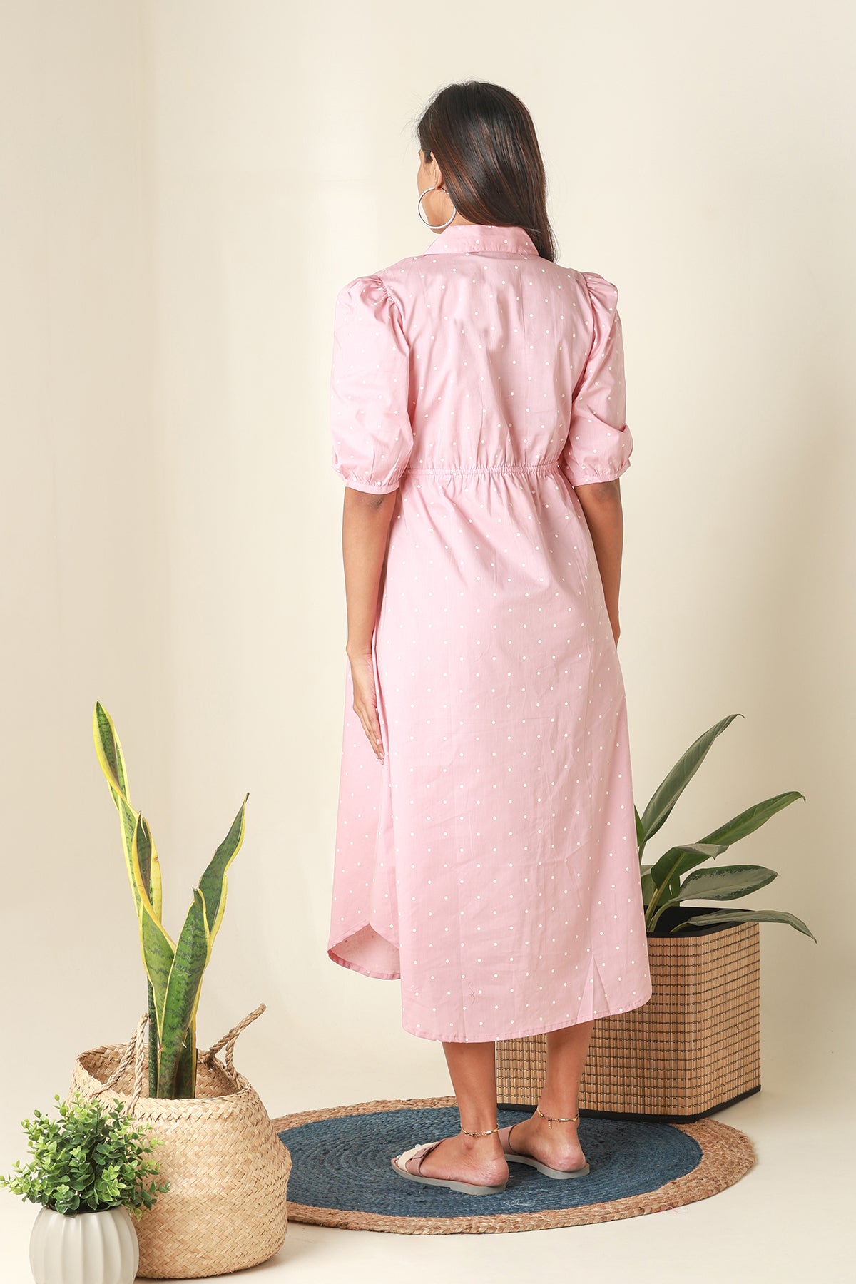 Polka Dots Printed Collared Maternity Kurta Pink
