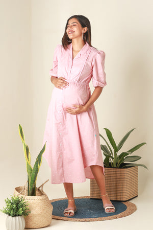 Polka Dots Printed Collared Maternity Kurta Pink
