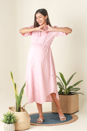 Polka Dots Printed Collared Maternity Kurta Pink
