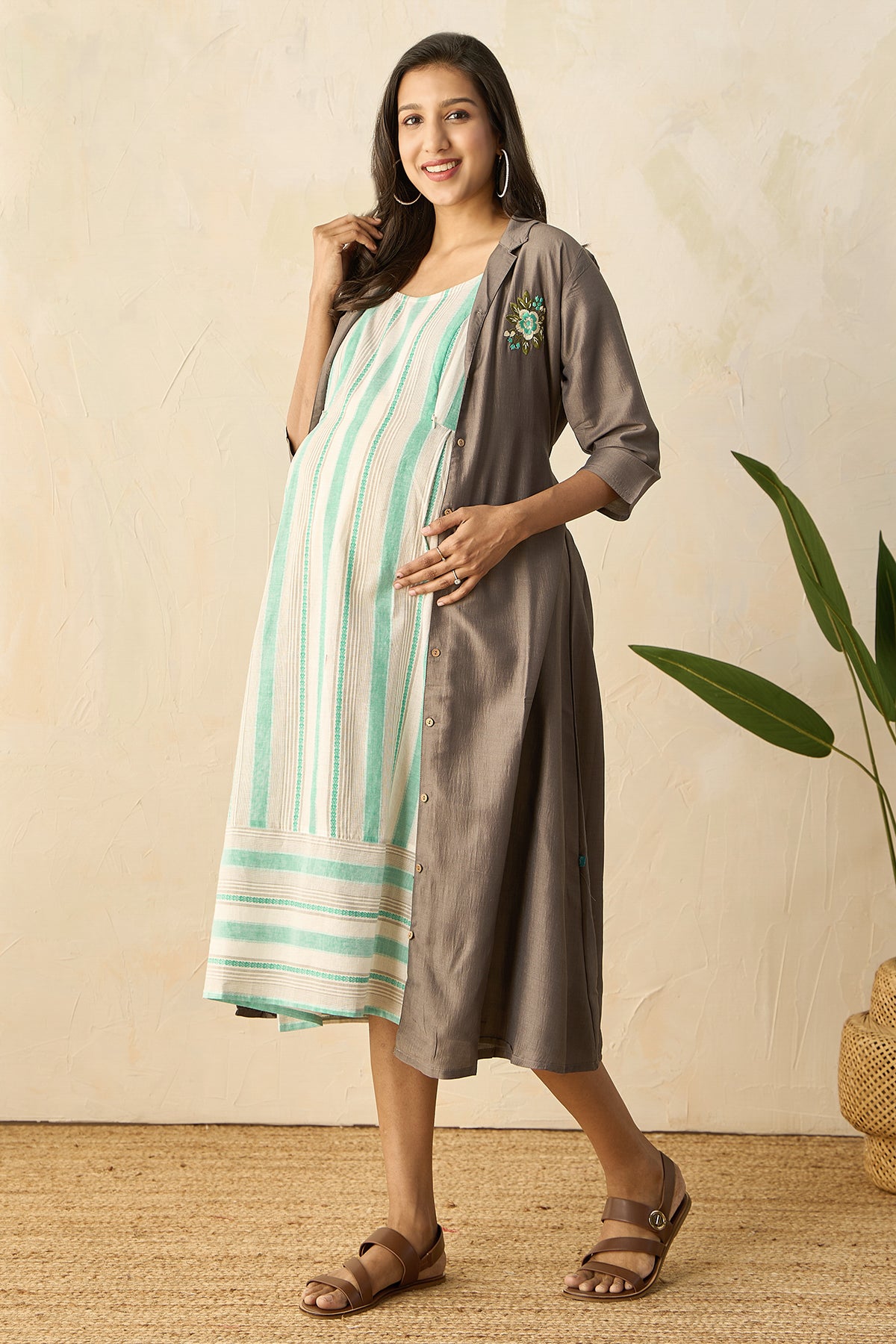 Maternity Dress with Placemet Floral Embroidered Jacket with Tie-up - Blue & Grey
