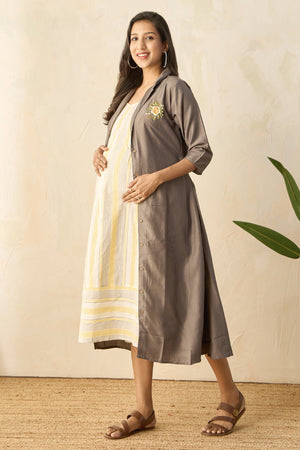 Dobby Monochrome Striped Maternity Dress with Floral Embroidered Jacket with Tie-up - Yellow & Grey
