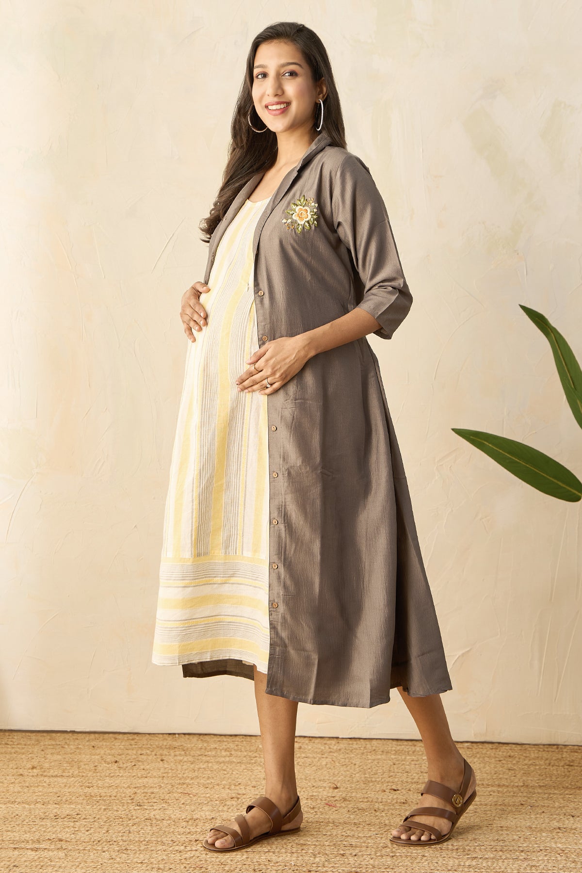 Dobby Monochrome Striped Maternity Dress with Floral Embroidered Jacket with Tie-up - Yellow & Grey