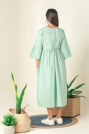 Plaid A Line Kurta with Floral Embroidery Green
