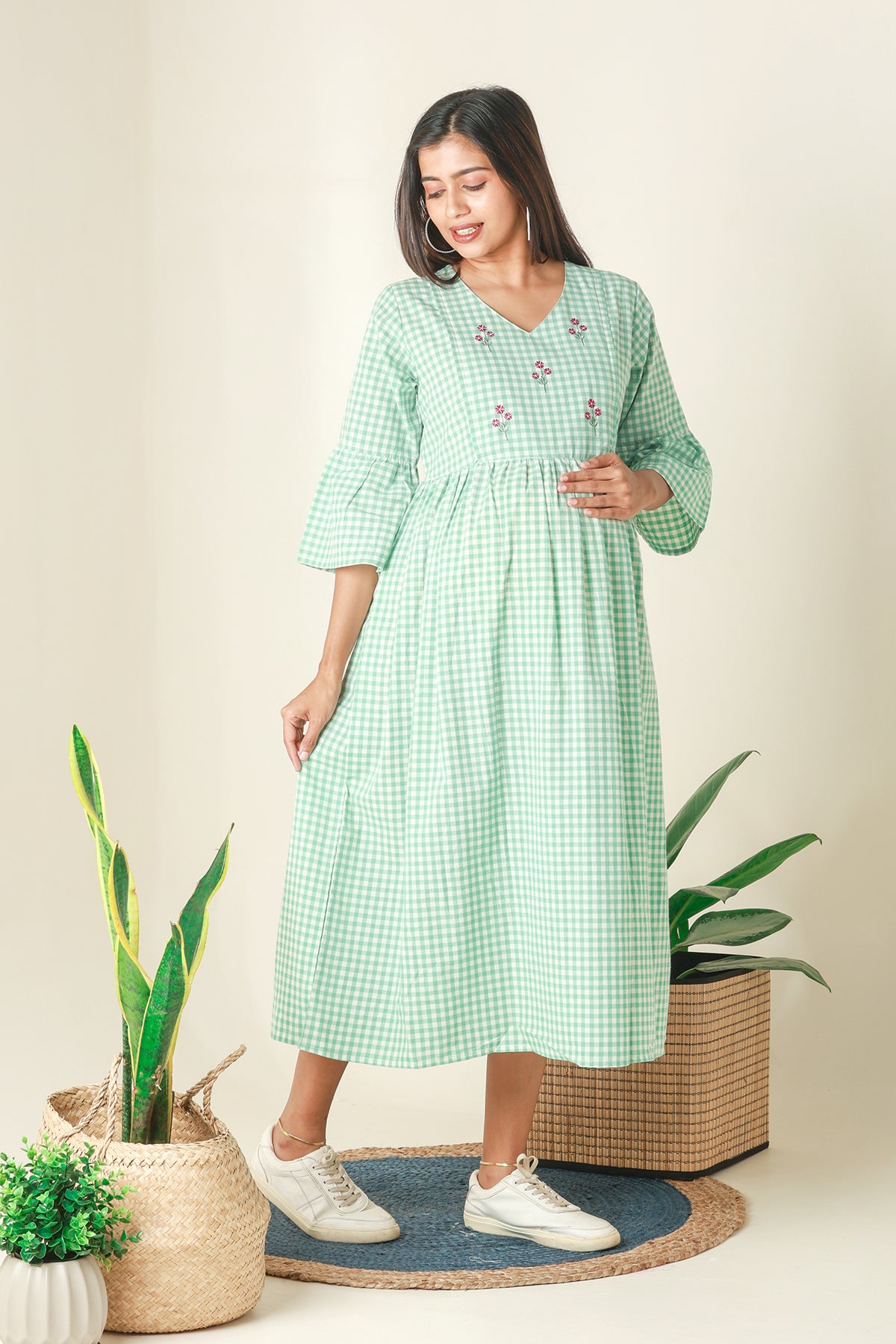 Plaid A Line Kurta with Floral Embroidery Green
