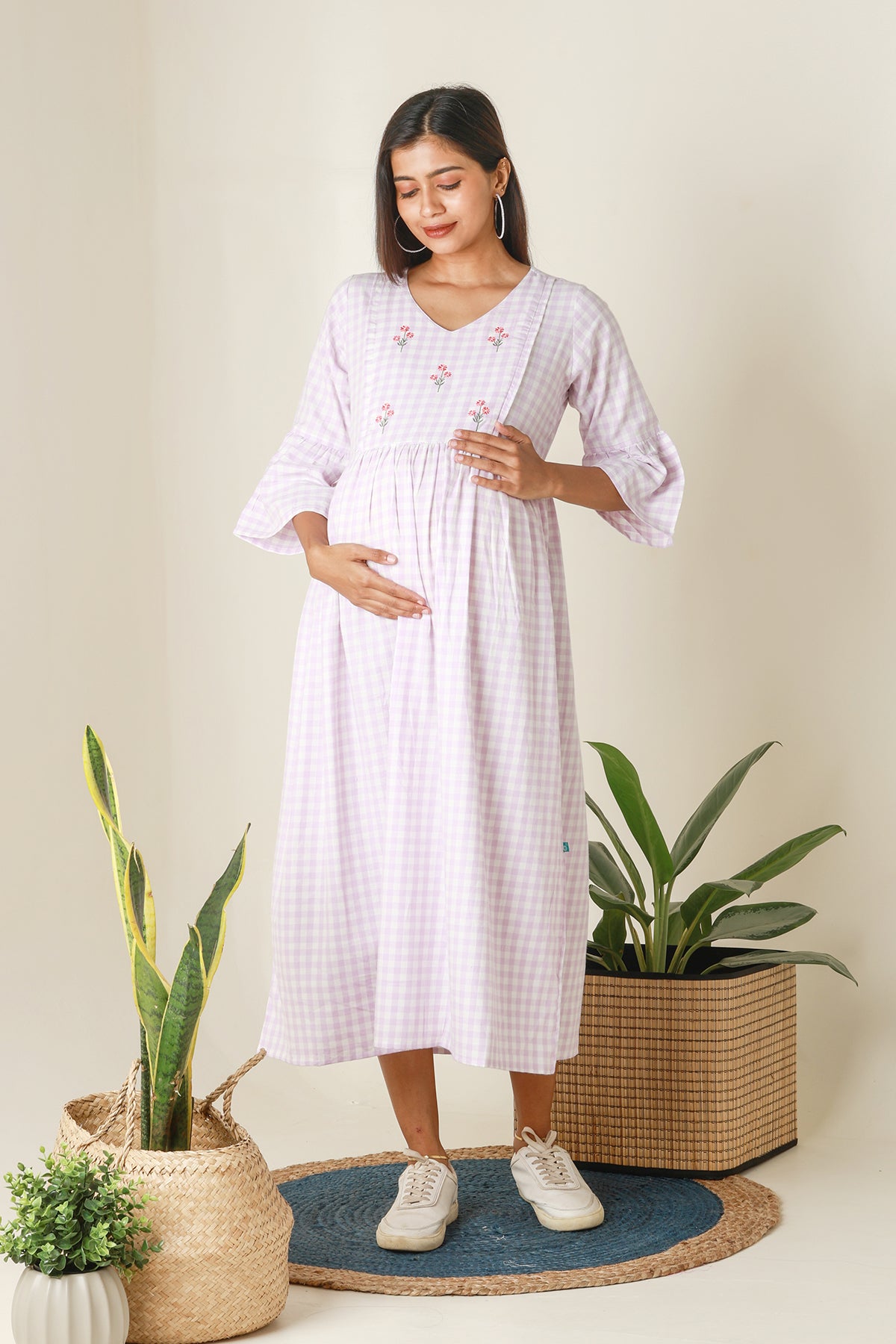 Plaid A Line Kurta with Floral Embroidery Purple