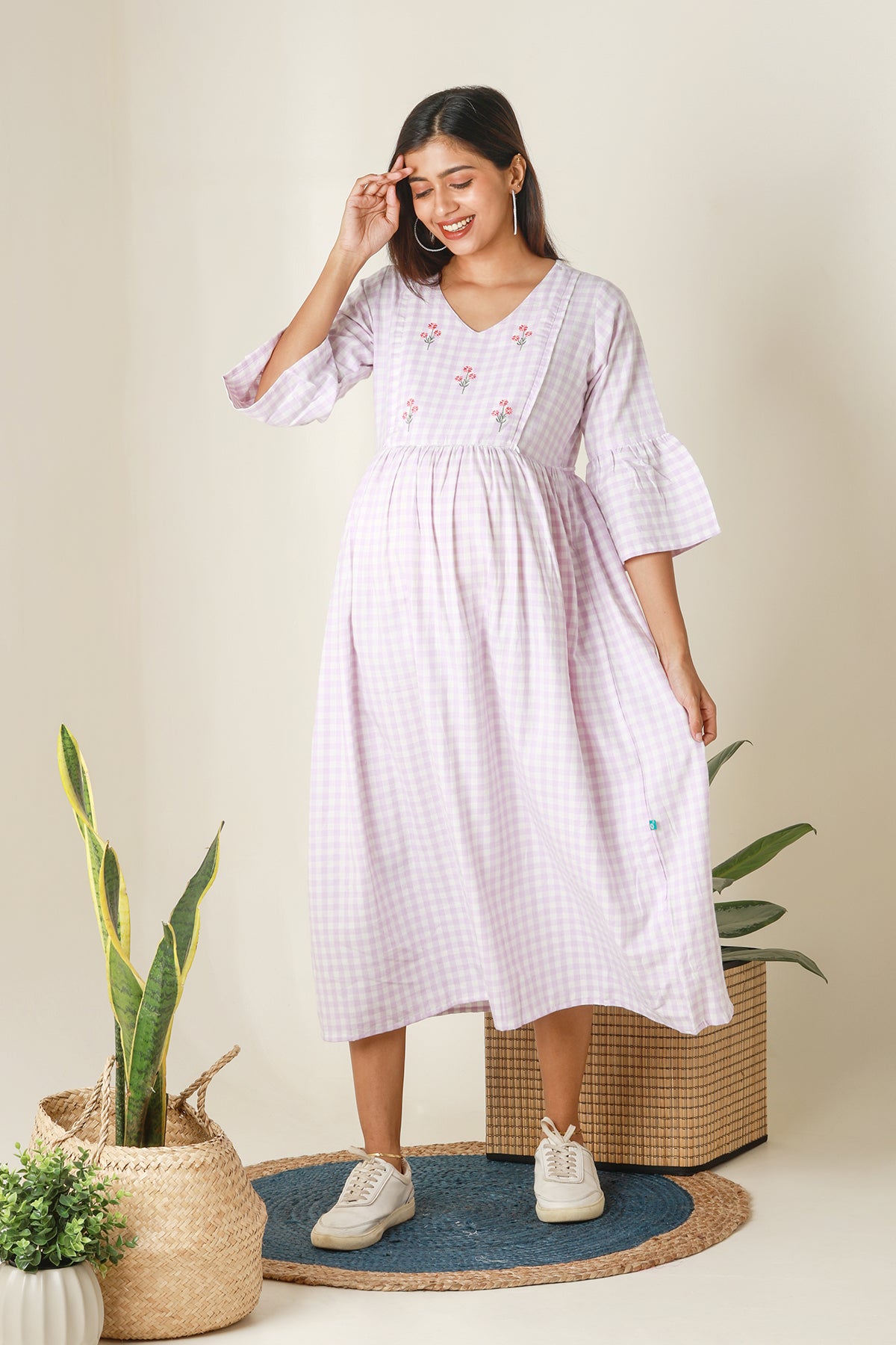 Plaid A Line Kurta with Floral Embroidery Purple
