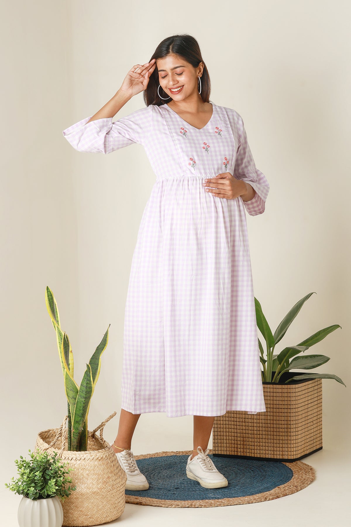 Plaid A Line Kurta with Floral Embroidery Purple
