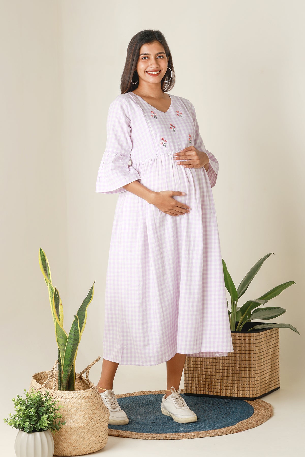 Plaid A Line Kurta with Floral Embroidery Purple
