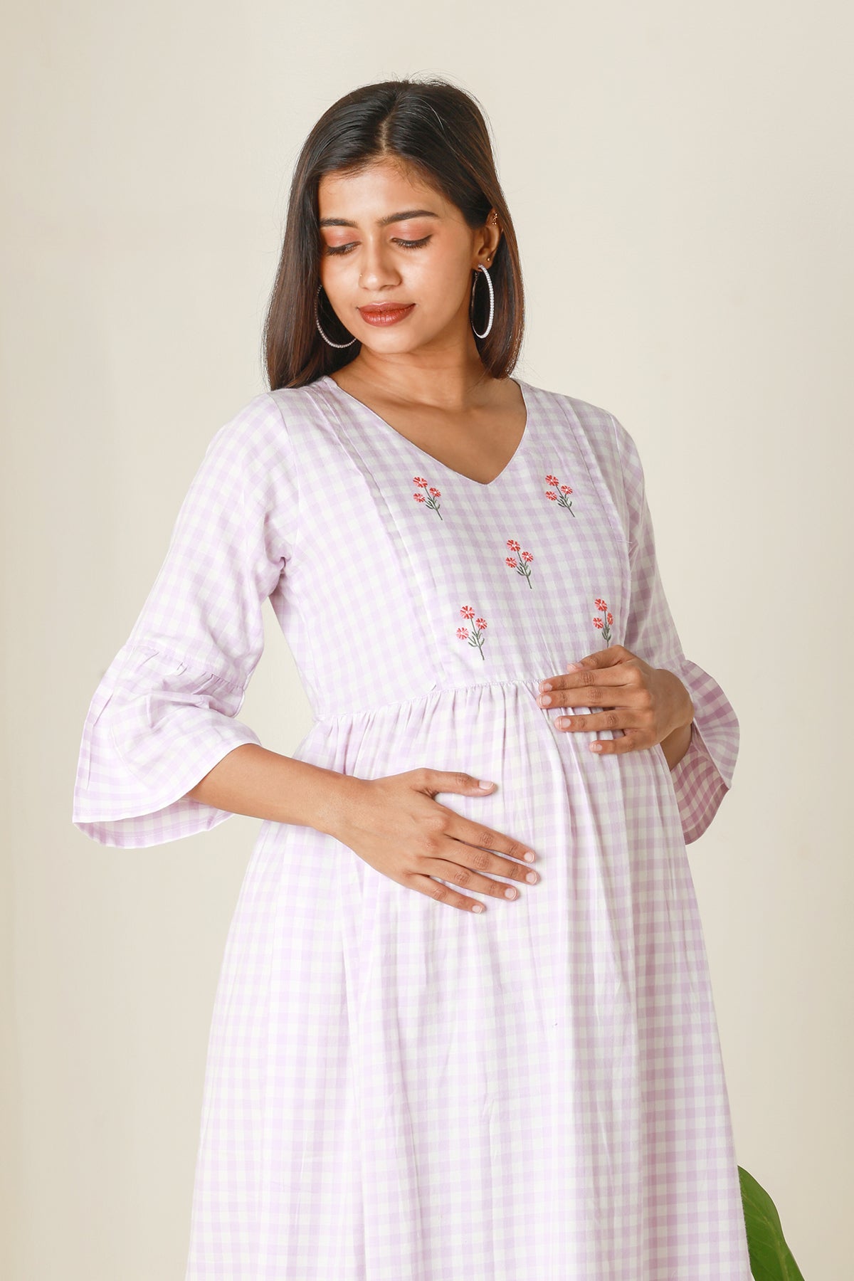 Plaid A Line Kurta with Floral Embroidery Purple
